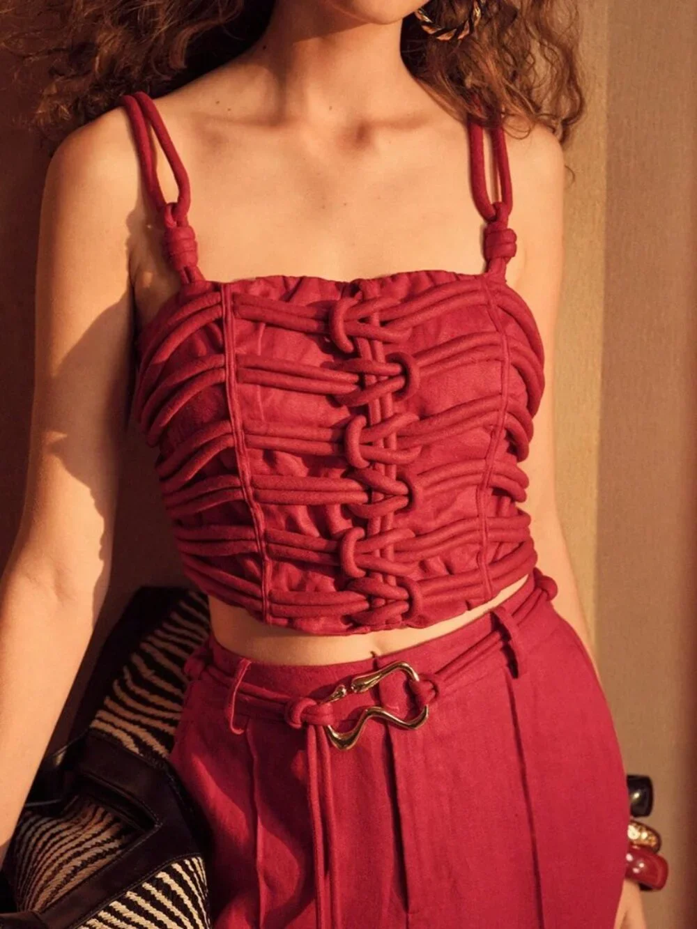 Red Casual Women's Linen Braided Strap Camisole Top
